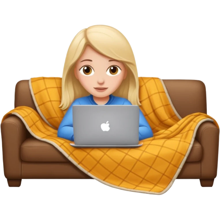 A white girl lies on a sofa under a blanket with a laptop emoji