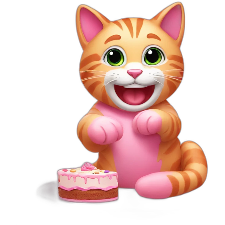 A cheerful pink cat eats a cake and waves its paw  emoji