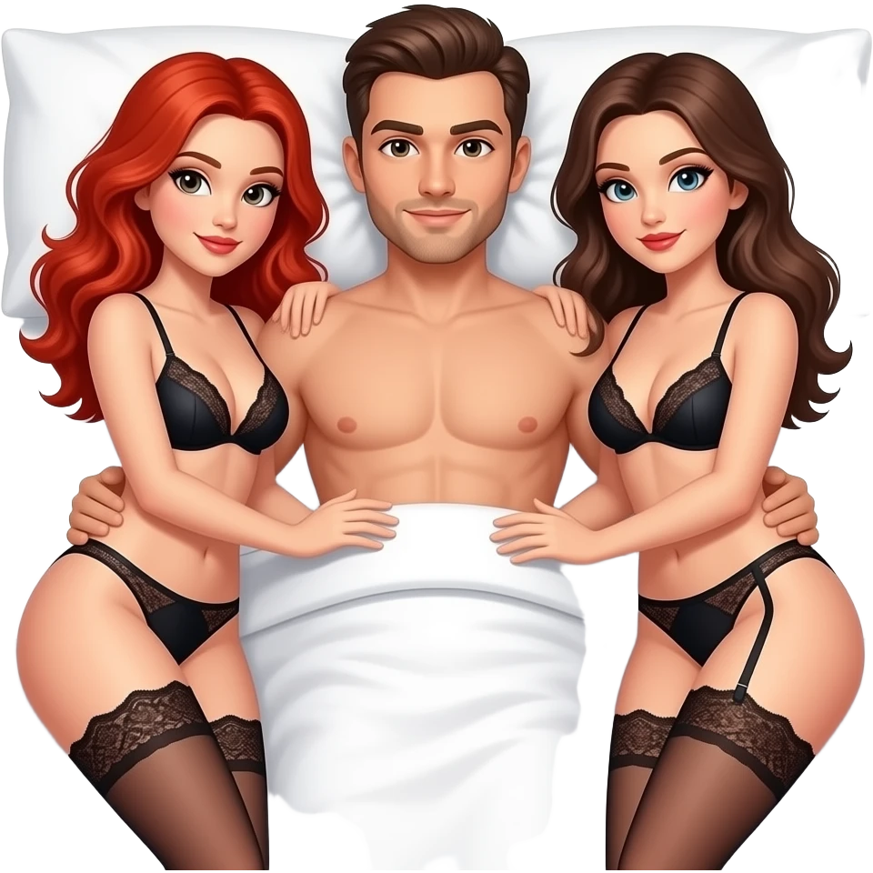 Average build bodies, threesome in bed, 2 women one male. 1 redhead women, 1 brunette women. Man to have brunette hair with short facial hair. Women in thong lace lingerie emoji