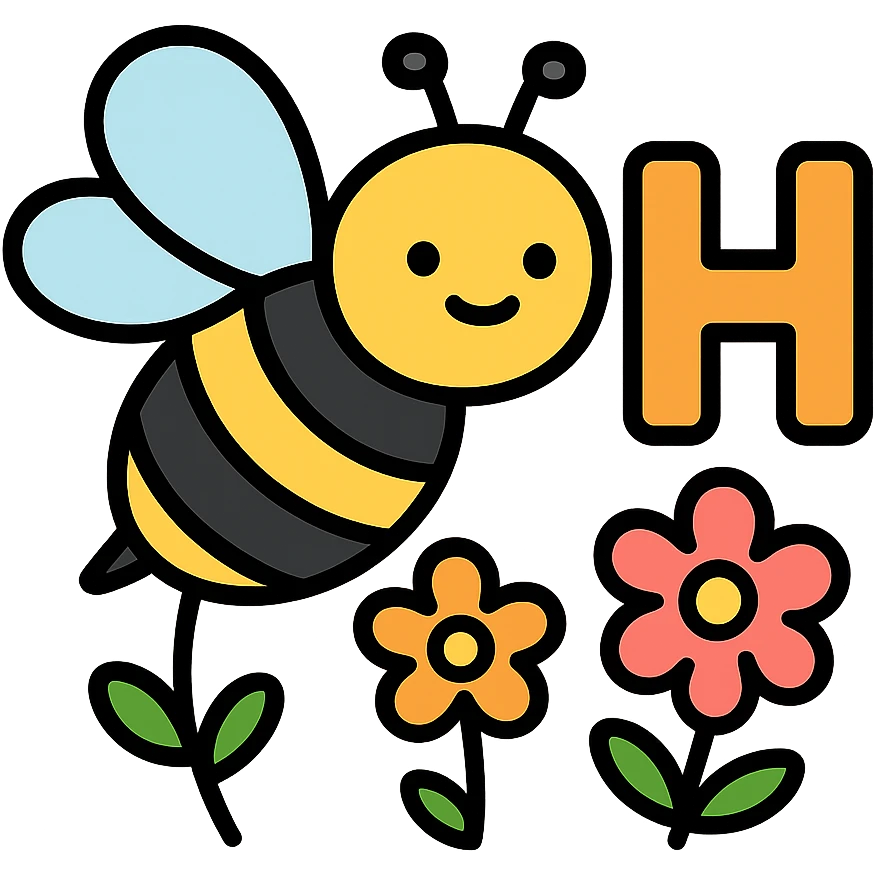 cartoonish bumblebee with the letter H, surrounded by flowers emoji