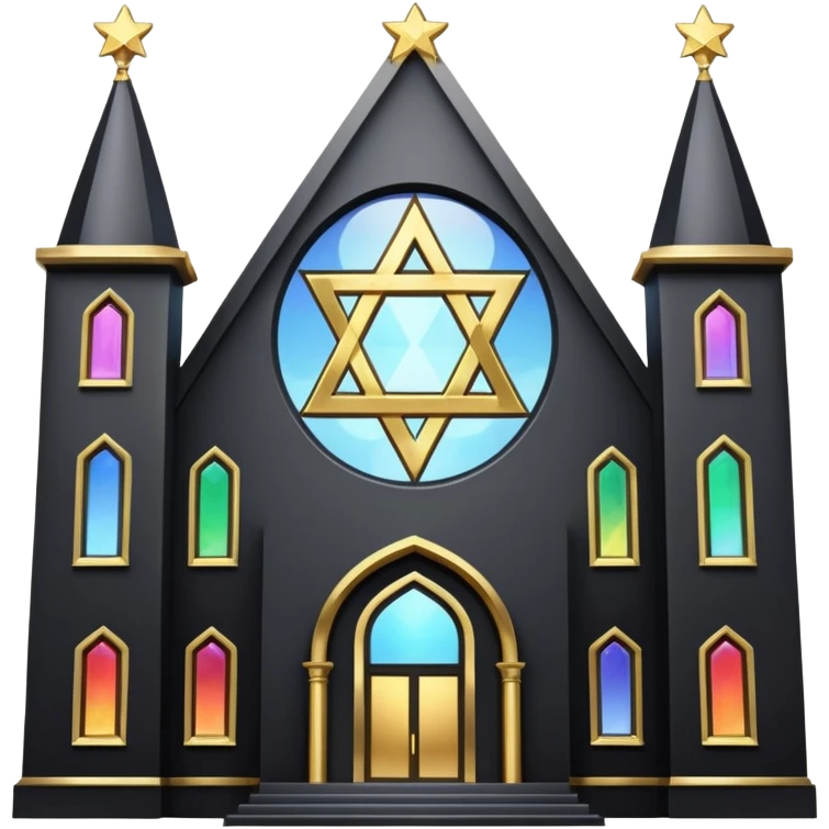 jewish synagogue temple in dark goth aesthetic style with black building and very light tint glass windows that are rainbow if looked at together. and star of david and celestial symbolism emoji