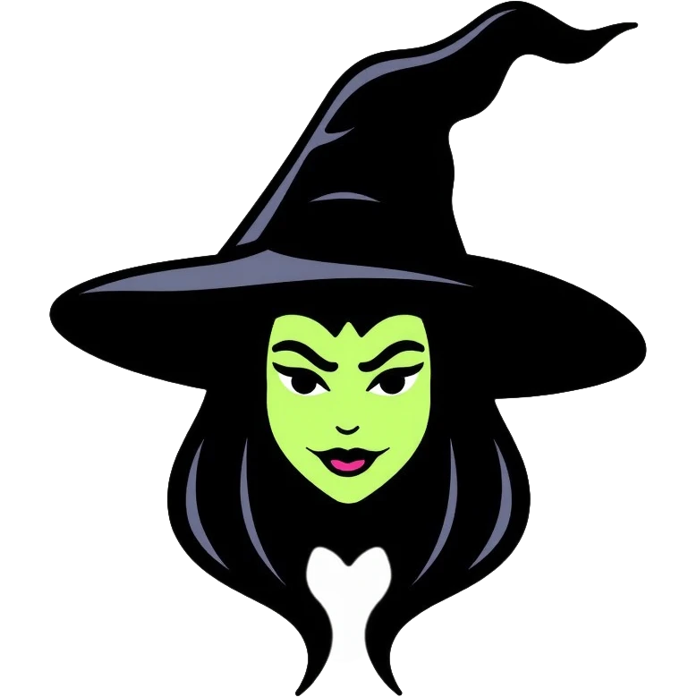 Elphaba witch face with green skin and black hat emoji