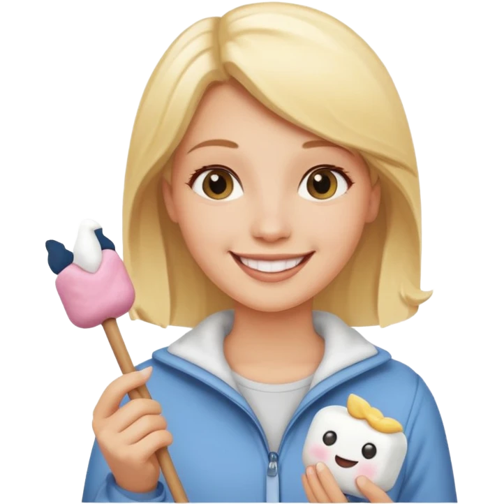 blonde woman holding marshmallow stick emoji
