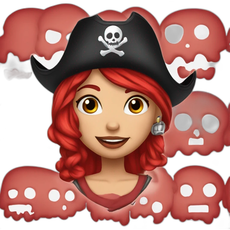 Woman long red one platted hair on one sid short hair on other side Tattoo under shaved hair. pirate hat, skull and crossbones t shirt emoji