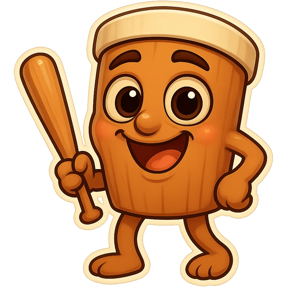 chibi emoji of Tun Tun Suhoor, wooden stick body with smooth brown texture, drum-like cylindrical body, holding baseball bat, cartoon style, bright vivid colors, expressive face, dynamic pose, a bit creepy yet funny,  emoji