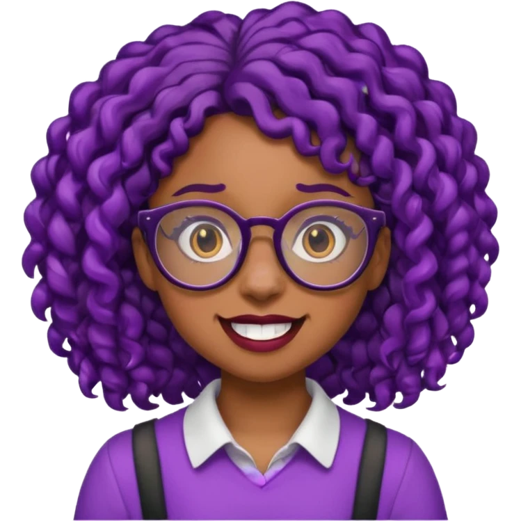 nerd emoji like with glasses showing only her 2 buck teeth but it’s a black girl with purple black curly hair no shoulders emoji