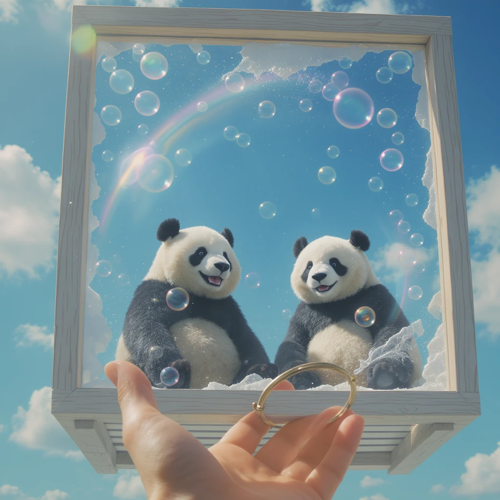Cinematic still pandas bears sitting inside bubbles flying, blue sky background, sunny summer day, happy vibe, minimalisic, emoji