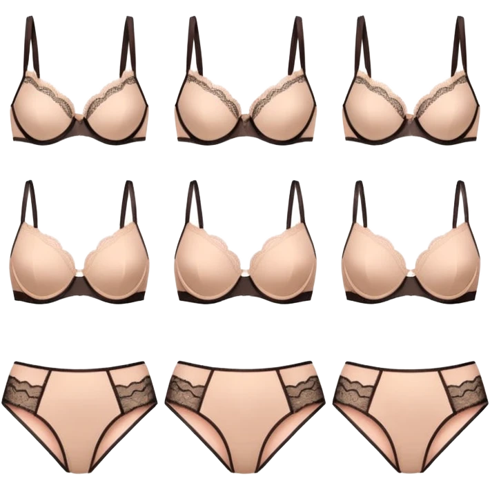 a set of 12 minimal emoji icons of lace lingerie: different bra and panties shapes, balconette, bralette, high-waist panties, thong, all in soft beige and blush tones, no body, only lingerie, flat vector style, on transparent background emoji