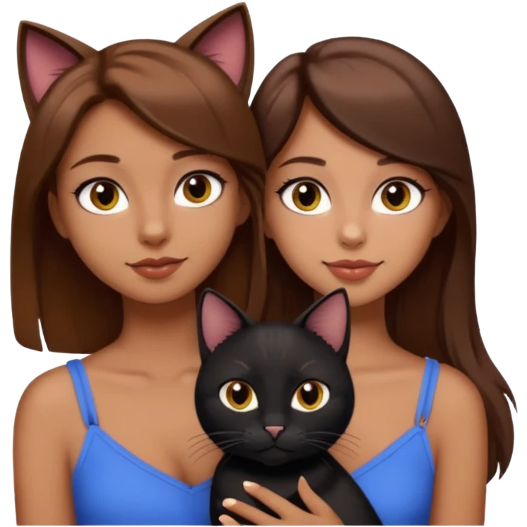 pretty girl with brown hair and makeup with black cat on her shoulder and boyfriend with light skin and brown hair, emoji style emoji