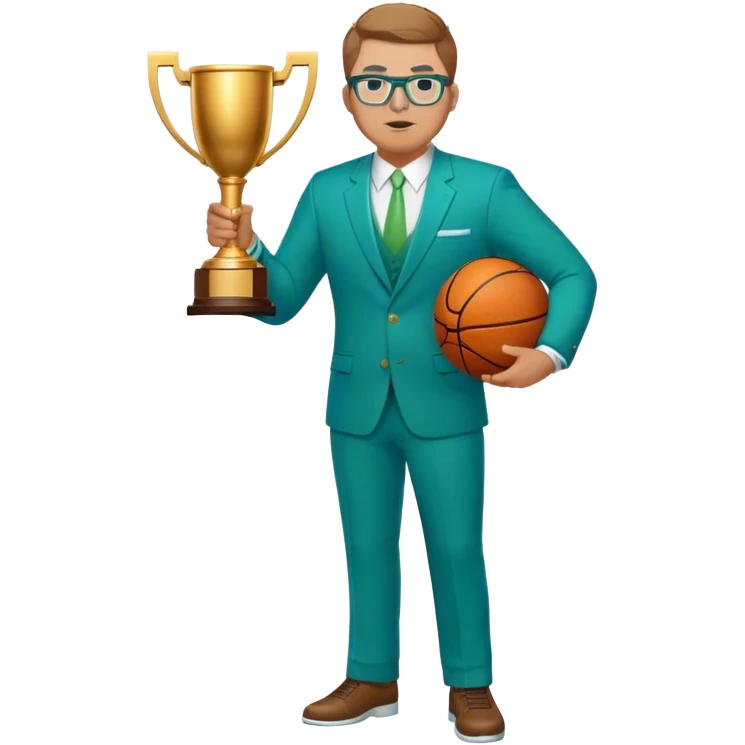 full body plus size white male basketball coach with short light brown  hair color wearing glasses wearing blue and green suit holding a trophy emoji