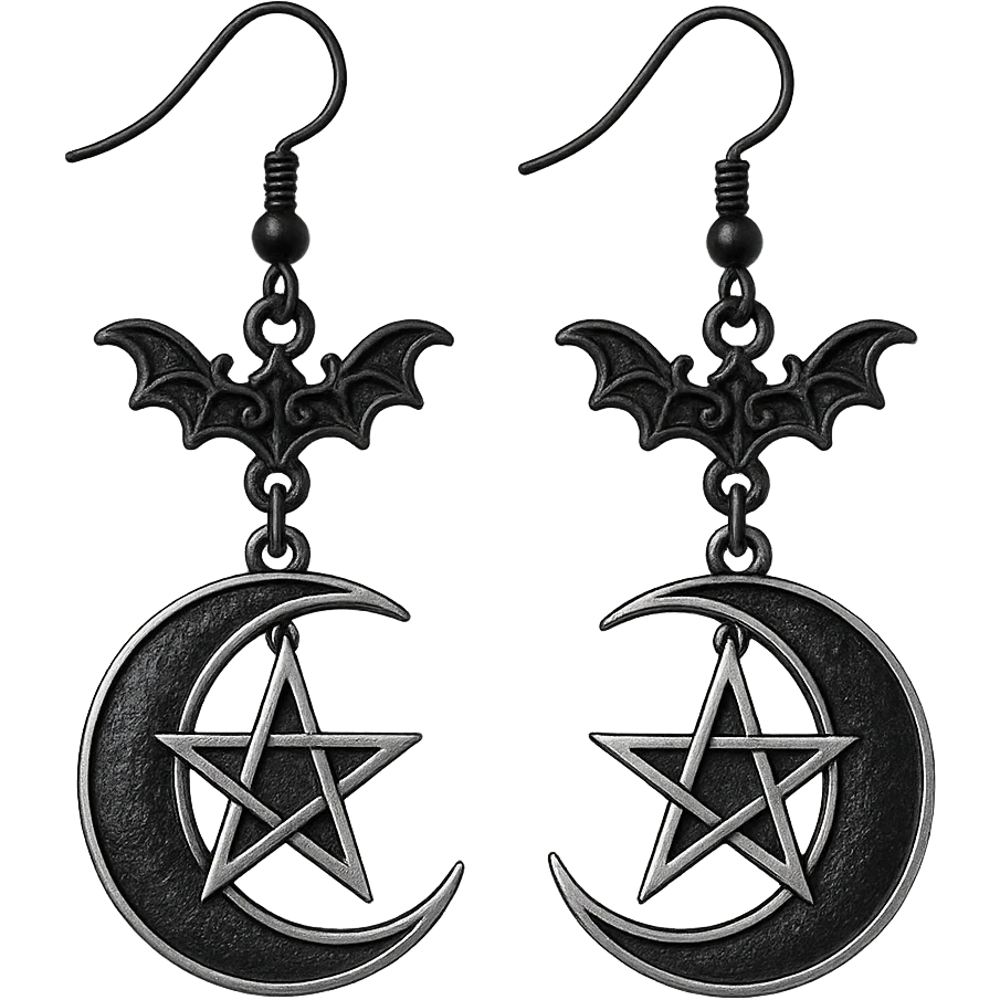 goth earrings, crescent moon, black and silver, mystical gothic emoji