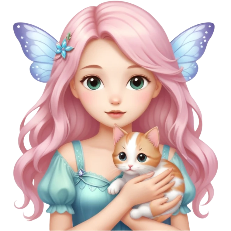 Very dreamy-pretty-fashionable-cute-shiny-ladylike-soft style-kawaii-beautiful-beautiful-hair-fairy style-holding a kitten emoji