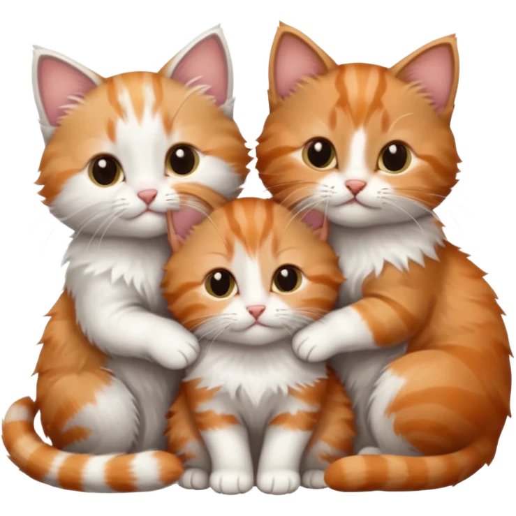 3 very small kittens cuddling together all different colours, the first one is grey and white, the second is ginger and white and the third is brown tabby and white emoji