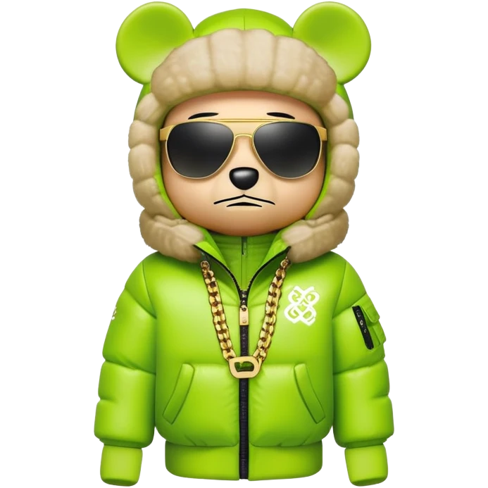 bearbrick toy with cubic head wearing a lime green balaclava with graffiti logos, oversized puffy jacket with fur hood trim, sleek single-piece visor sunglasses, gold chains around neck emoji