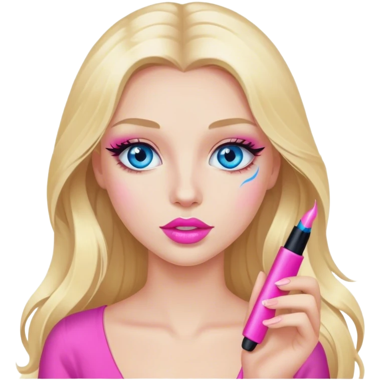 Cinematic realistic blonde with long hair, blue eyes and pink lips with mascara in her hands emoji