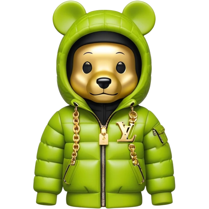 traditional cube-shaped bearbrick toy with squared head, lime balaclava with graffiti logos and integrated dark visor shield, Louis Vuitton monogram puffer jacket with plush fur hood trim, gold chains emoji