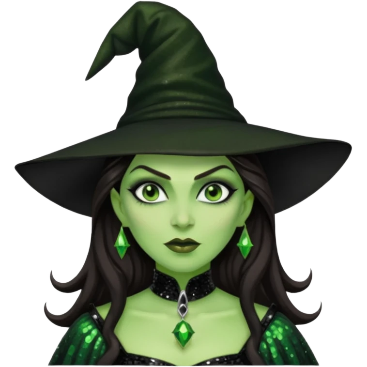 The Wicked Witch from Oz with long dark brown hair, black sequin outfit, green skin emoji