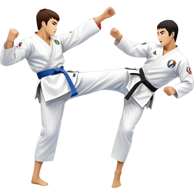 Two taekwondo fighters in a competition arena, one performing a high spinning kick towards the opponent’s head, while the other blocks with a precise guard. The background features a dynamic, bright arena with flags, emphasizing speed and agility in the martial art. Transparent background  emoji