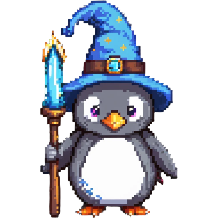 penguin wizard with a magic wand and wizard hat emoji