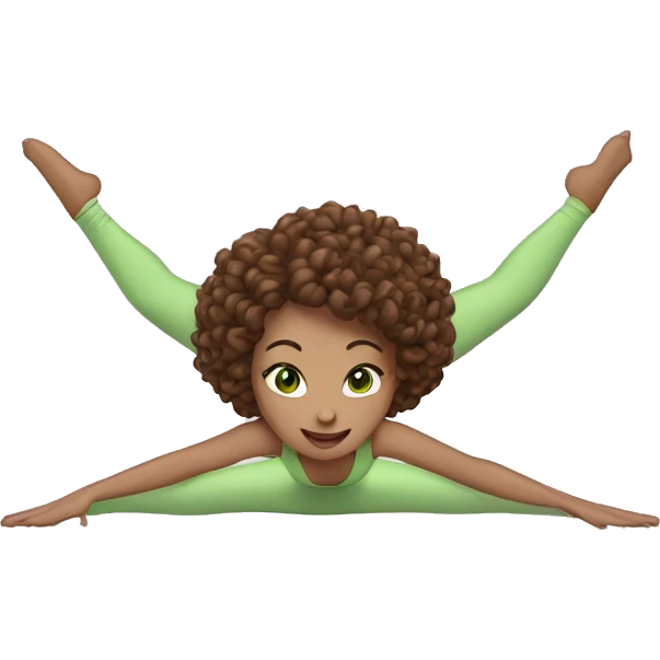 woman with brown curly bob hair and green eyes doing the splits emoji