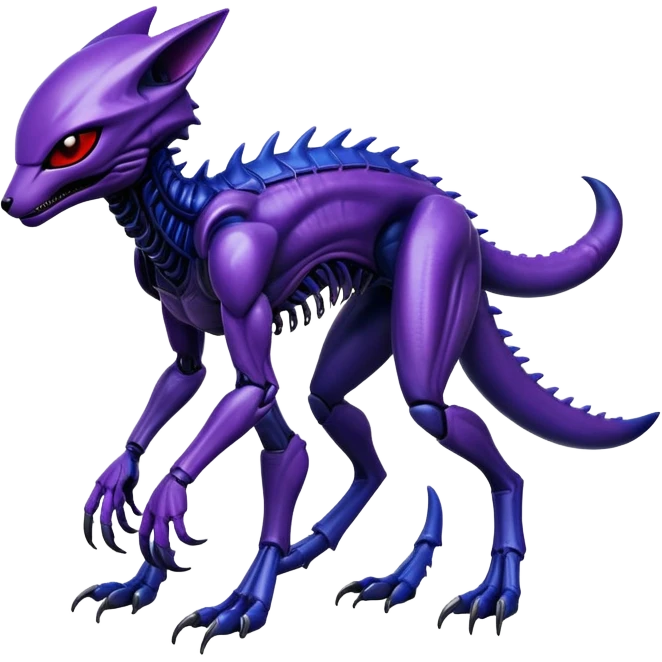 Fox xenomorph hybrid front facing full body dark purple and blue and red emoji