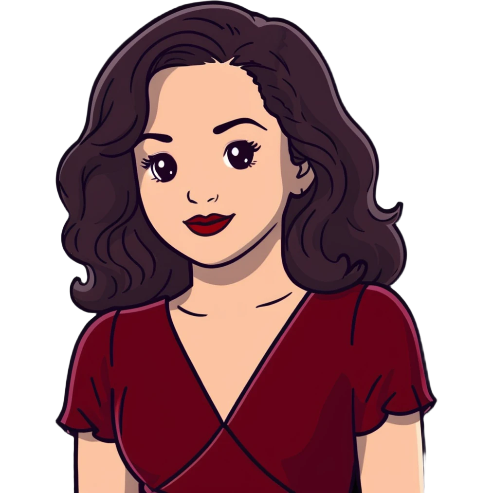 Elegant high-profile woman with glowing fair skin, long dark straight hair with soft waves, large dark eyes with dramatic makeup, defined eyebrows, full red lipstick, wearing wine red velvet dress with V-neckline, glamorous confident smile emoji