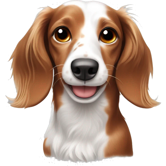 Long haired white and red piebald dachshund with freckles smiling whole body emoji