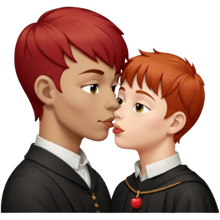 a boy without glasses, short brown hair shaved on the sides with a small fringe, kissing a robust religion teacher with red hair and lowered mask on the neck, Apple emoji style emoji