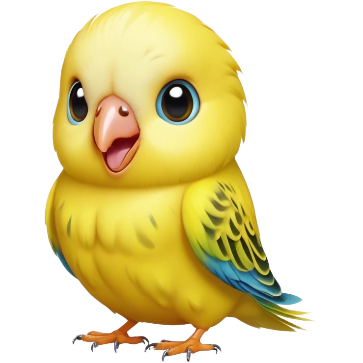 Cinematic Comical Yellow Budgie Portrait Emoji, Head tilted dramatically with an exaggeratedly amused expression, featuring a striking yellow feathered fur with a glossy finish, wide, expressive dark eyes filled with playful disbelief, Simplified yet hilariously expressive features, highly detailed, glowing with a slightly sassy glow, high shine, dramatic yet playful, stylized with an air of cheeky mischief, bright and endearing, soft glowing outline, capturing the essence of a spirited and over-the-top budgie, so meme-worthy it feels like it could side-eye its way into internet fame instantly! emoji