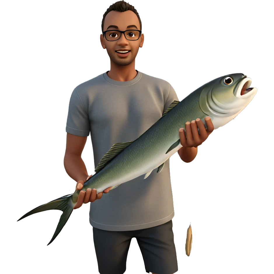 boy holding fish by ocean emoji