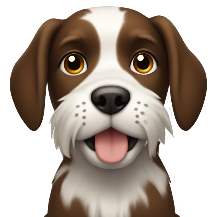 a dog sitting, with brown eyes, dark mixed fur (all kinds of brown) with white fur on the end of his tail  emoji