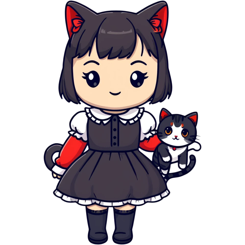 girl wearing black Lolita style dress, with medium-length black hair with red tips, and a black American Shorthair tabby cat emoji