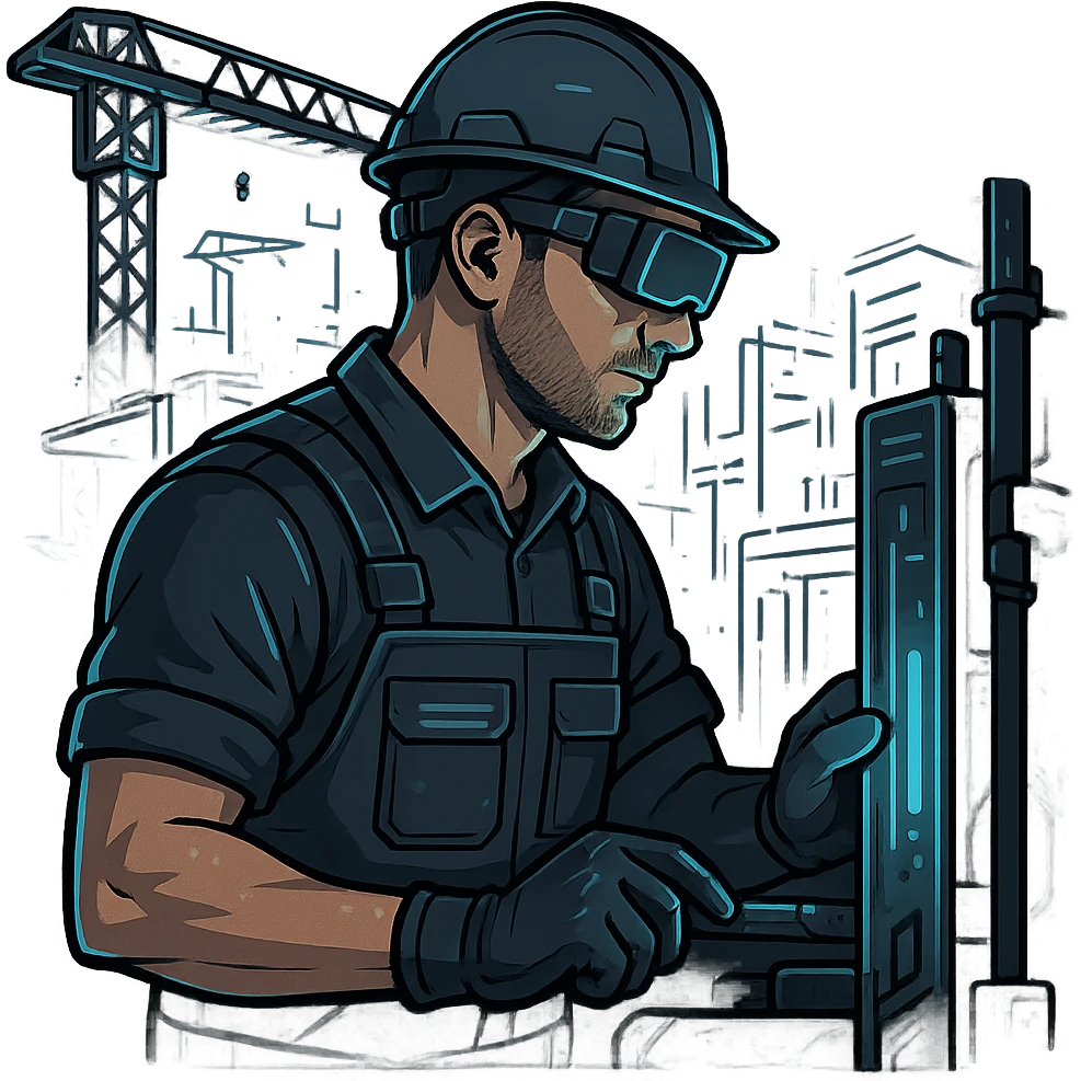 A 35-year-old male builder character with light skin in high-tech style with dark gray headers, cold blue links, warm white text, dark gray background, and teal accents. The character should be shown from the side, working on a futuristic construction site with advanced machinery. emoji