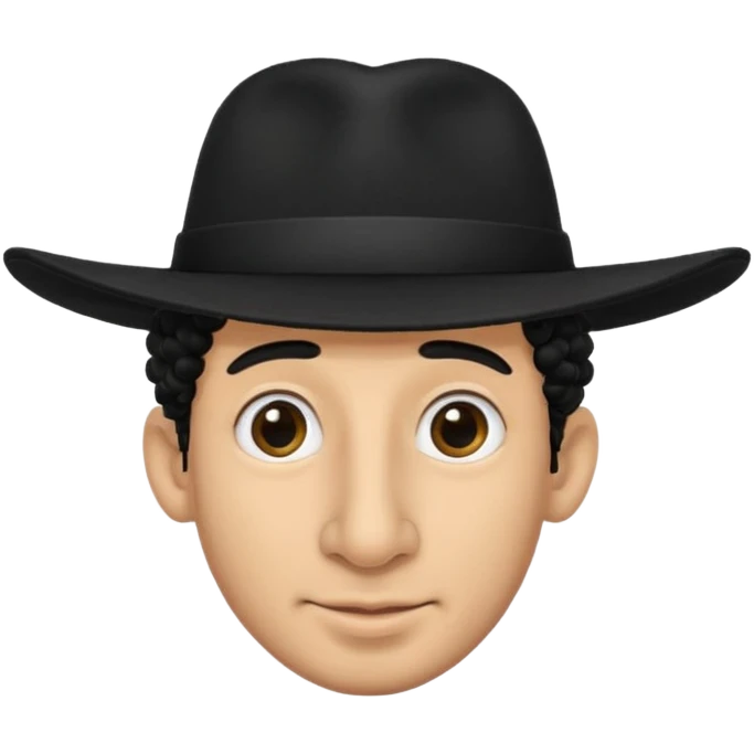 A man with a big nose and a black hat like a top hat but round and all black, with a strand of curly hair coming out from both sides of the hat emoji