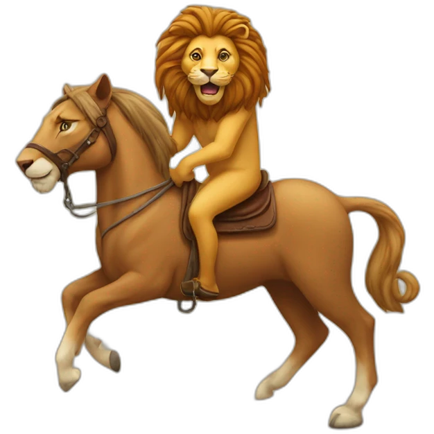 the cat and the lion which are riding the horse emoji