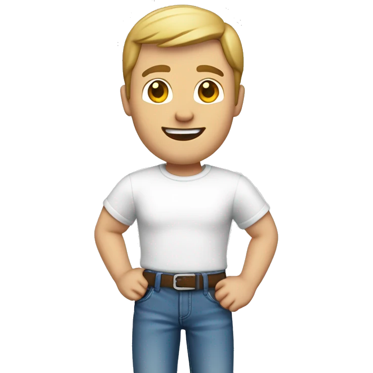 a caucasian male, full body. waving with his left hand. From the front.  Dressed with a round collar, white tshirt and blue jeans emoji