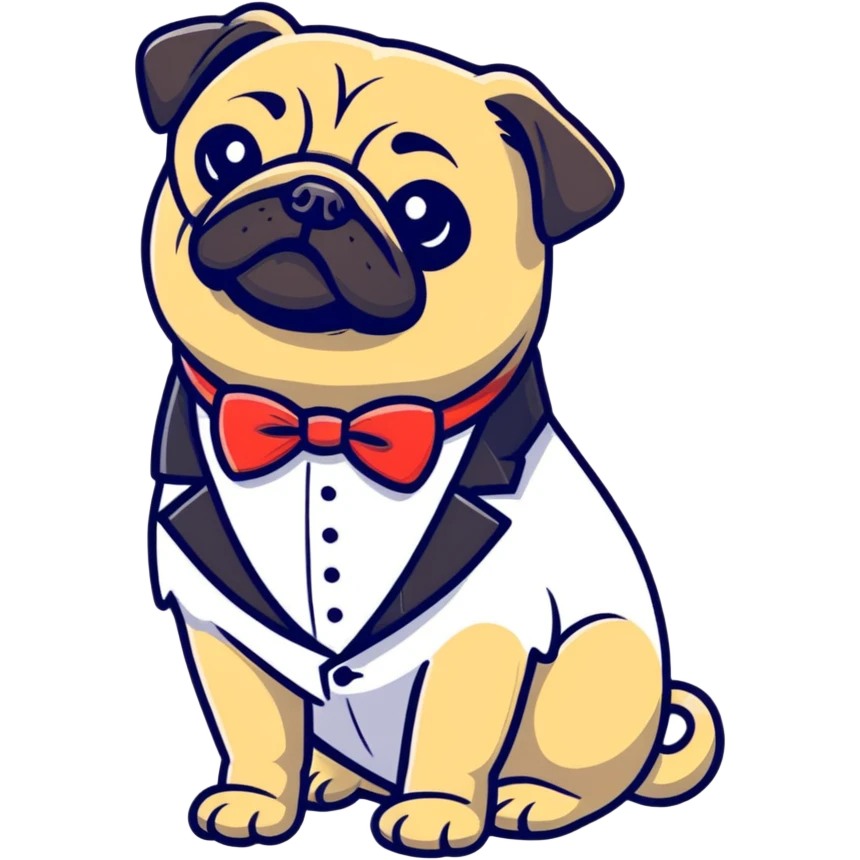 pug in a tuxedo, cartoon sticker emoji