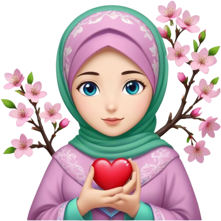 Turkish beautiful finish Konya girl blue eyes with cherry blossom flower lila green design hijab and hold heart in her hand  emoji