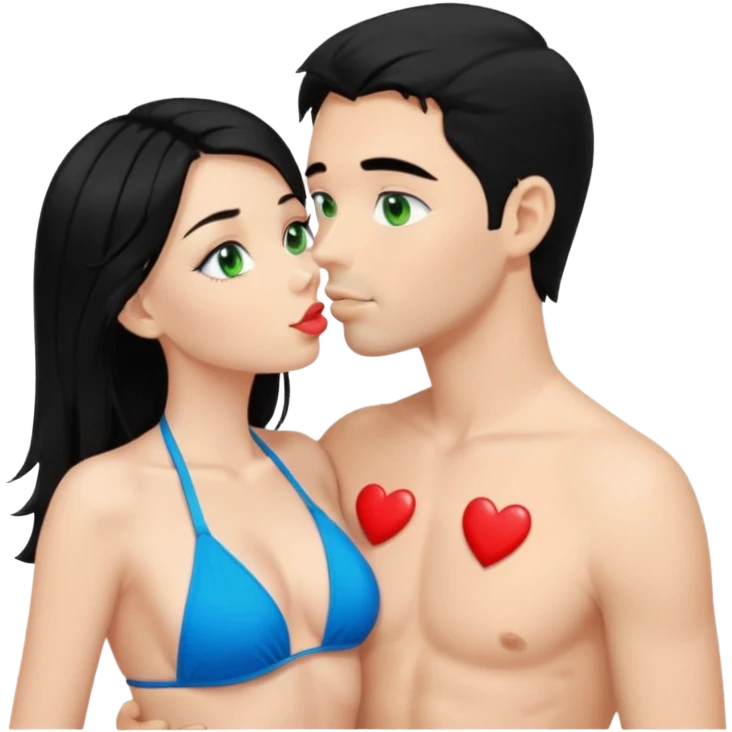 Blonde Woman Green eyes blue Bikini whole body Kissing man black Hair blue eyes Hearts in Body emoji