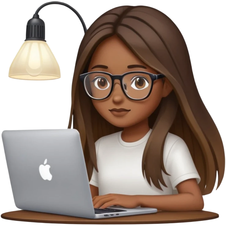 brown balayage straight long hair girl with MacBook with glasses with a smart lamp over her head  emoji