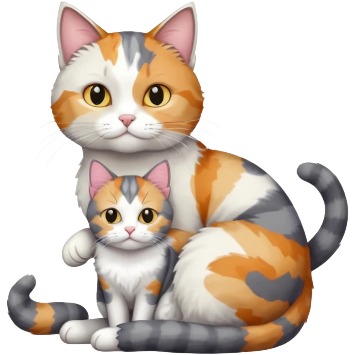 full body colourful light patched calico + white tabby cat cuddling a big grey and white cat  emoji