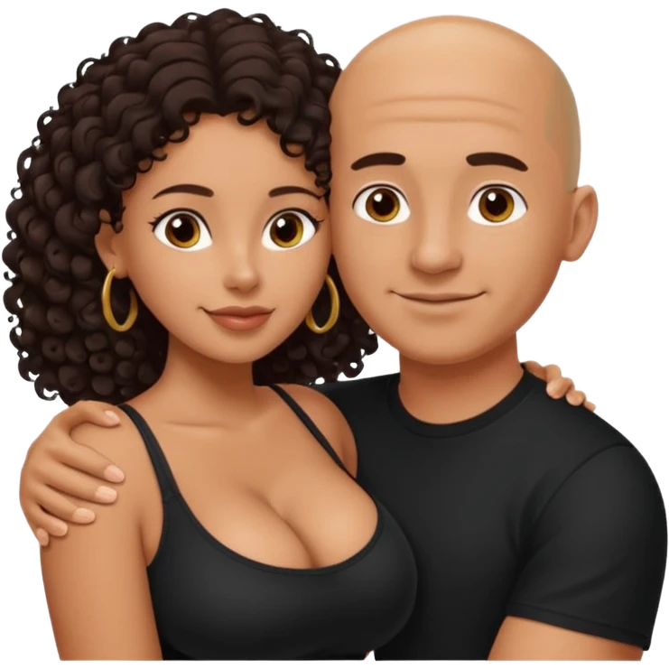 A picture of an embracing tanned couple. the man is a Mexican man with tanned skin, with a bald hair cut, and wearing a black shirt. the woman is mixed, with glasses,  with long curly dark brown hair and with big boobs. Remove the glasses from the guy emoji