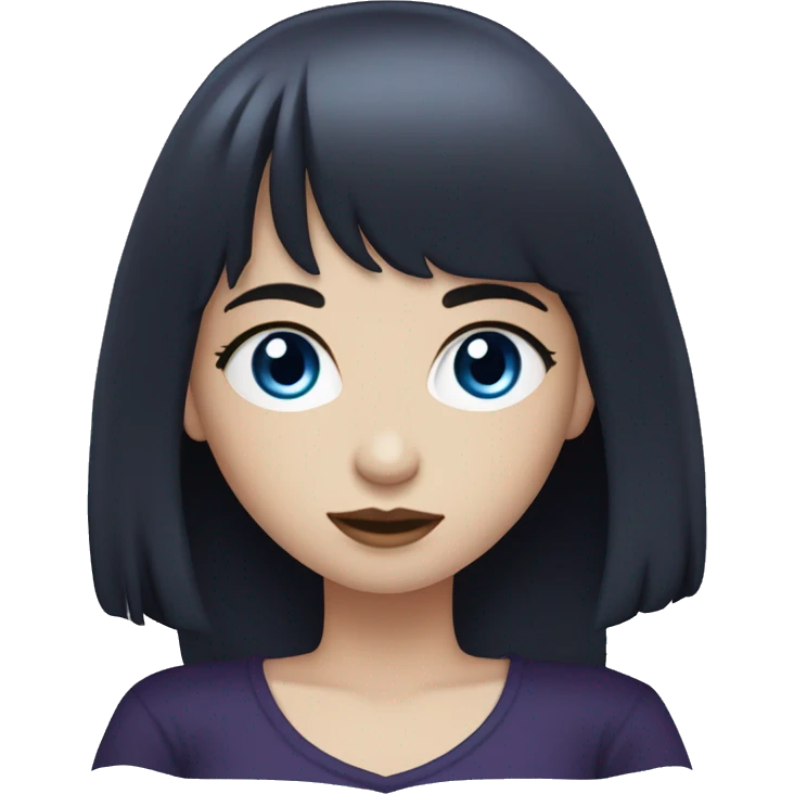 girl, pale skin, blue eyes, long hair, deep purple hair, bangs, black clothes, eyeliner, mole above left upper lip emoji