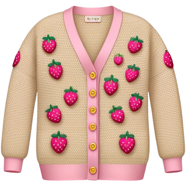 beige crocheted cardigan embroidered with small pink strawberries emoji