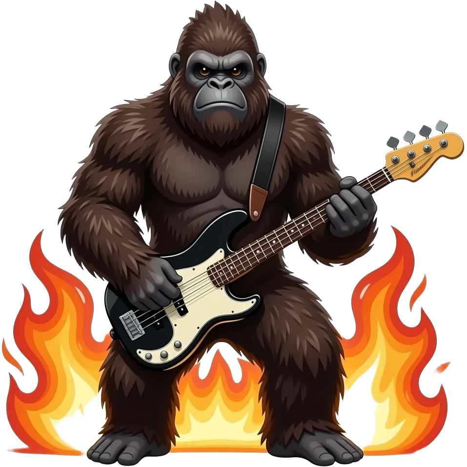 Bigfoot playing heavy metal bass guitar with pyrotechnics shooting flames behind him emoji