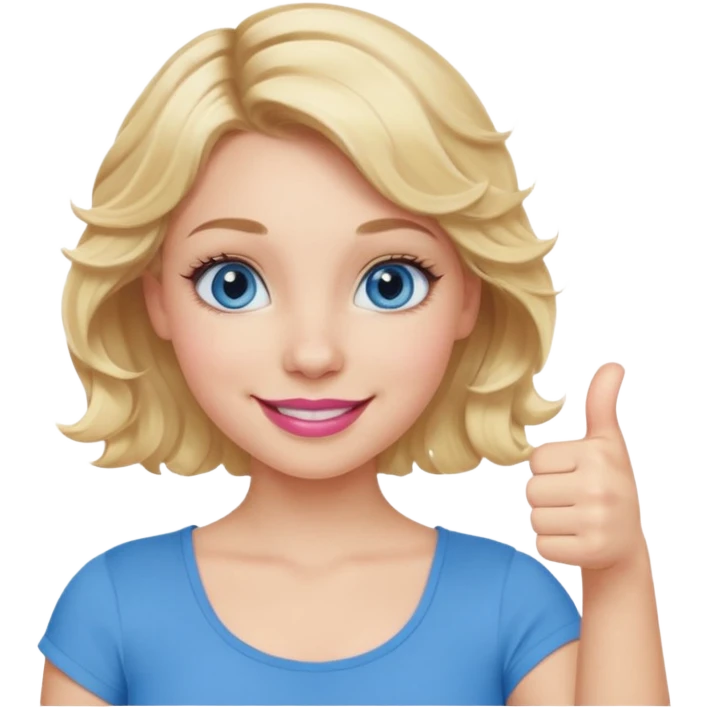 Girl Blonde short wavy hair,  blue eyes, cute blue top, long lashes, pink lips, smiling, thumbs up emoji