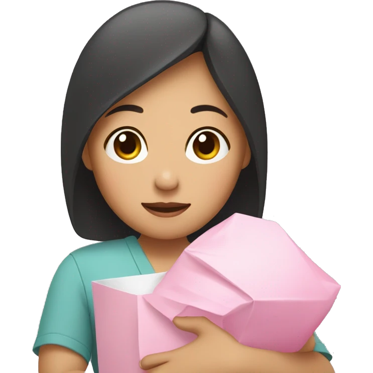 An Asian woman with a baby in her arms, holding a pink package emoji