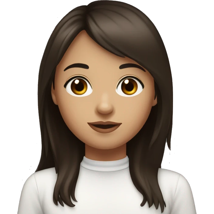 Girl with an oval face, fair skin, long dark brown wavy hair with bangs, brown eyes, dark brown straight eyebrows, medium-sized straight nose, slightly full lips, wearing a black choker necklace and a white t-shirt.
 emoji