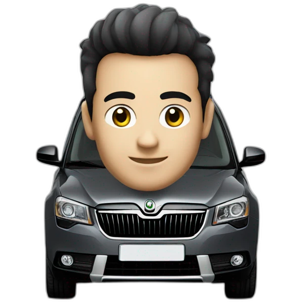 A man with black short hair near the car “Skoda Yeti” in dark grey colour emoji