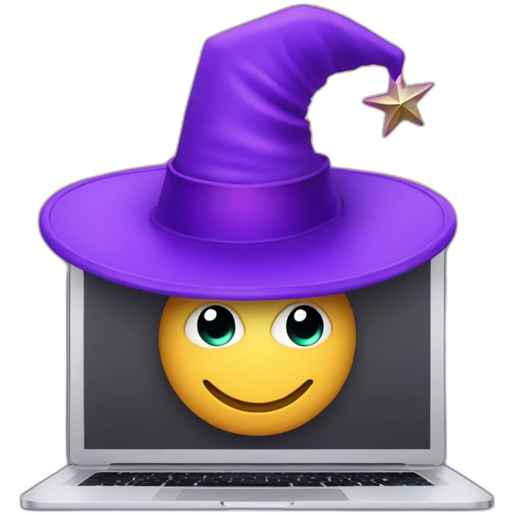 magician with a purple pointy magic hat with a star working on a macbook emoji